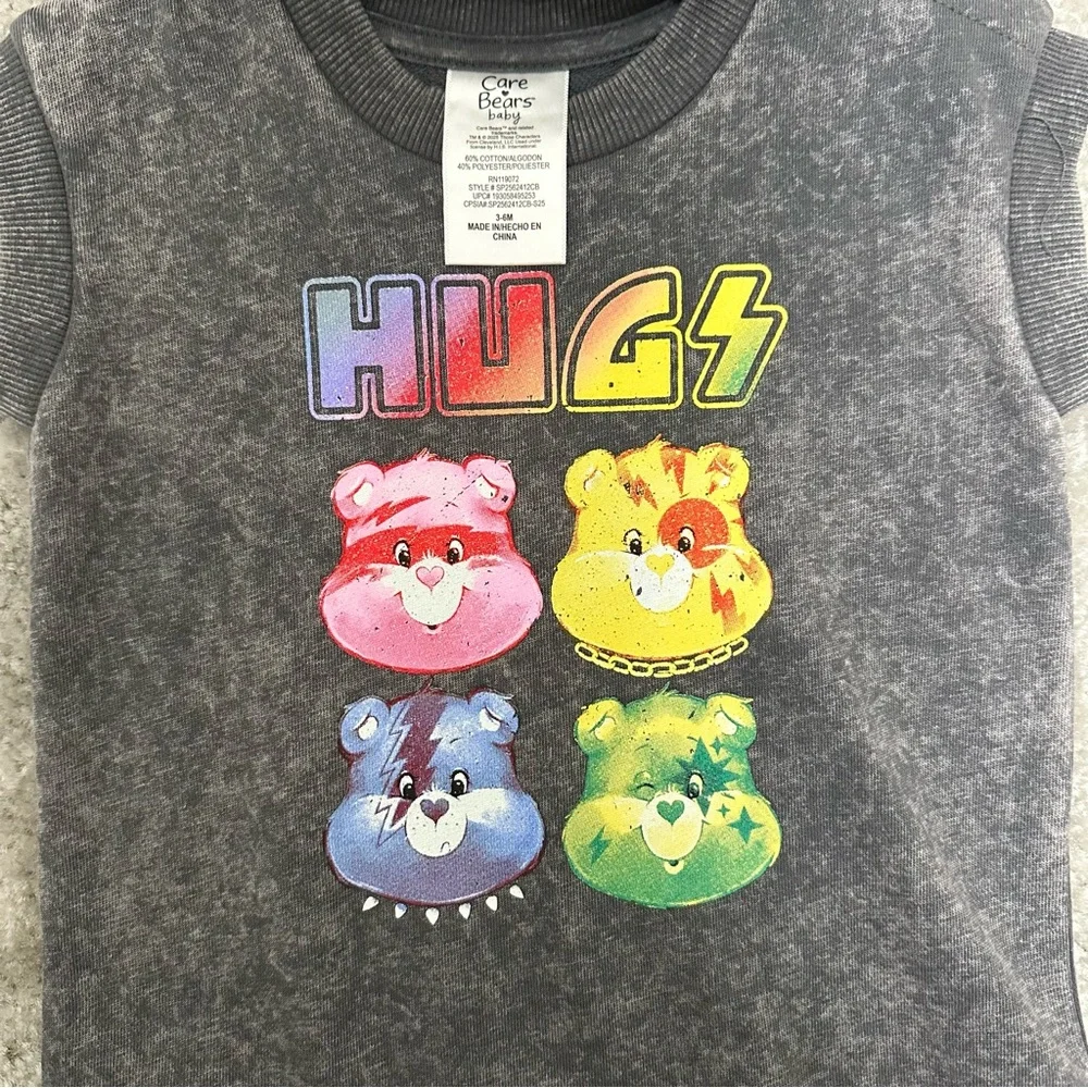 NEW Care Bears Black Acid-Wash Romper Matching Bucket Hat 2 Piece Set size 3-6 m